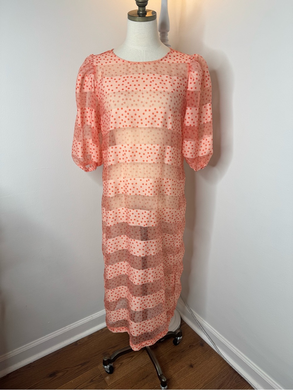 Anthropologie Corey Lynn Calter Medium Orange Sheer Rommi Polka-Dot Midi Dress